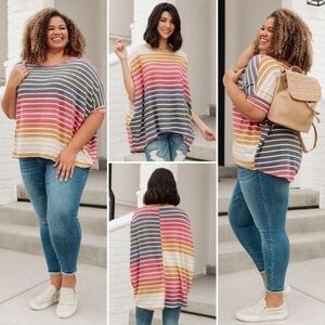 Andree By Unit Terrycloth Top Striped Oversized Short Sleeve Shirt Gray Casual